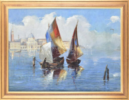 Zsátos Gyula (?-?), működött a XX. sz. közepén-második felében: Velencei vitorlások. Olaj, vászon, jelezve jobbra lent. Javított, sérült. Dekoratív fakeretben, 60x80 cm