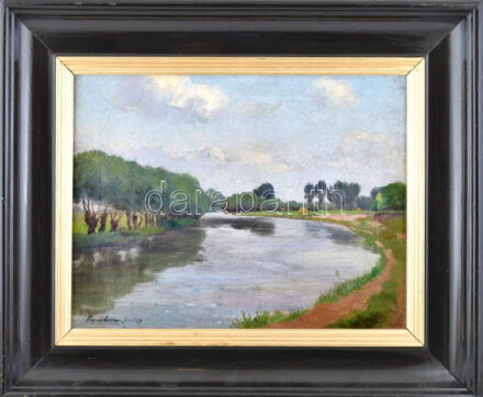 Olvashatatlan jelzéssel (Magyar-Mannheimer Gusztáv?): Vízparti táj. Olaj, vászon. Dekoratív fakeretben, 40x50 cm