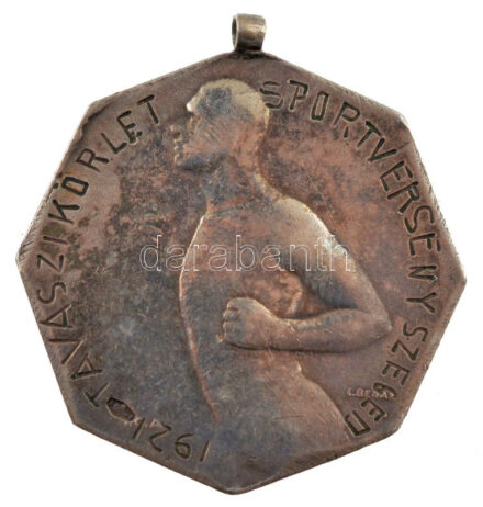 Berán Lajos (1883-1943) 1921. '1921. Tavaszi Körlet Sportverseny Szeged / Magasugrás II.' jelzett Ag díjérem füllel (12,00g/0.800/31x31mm) T:2