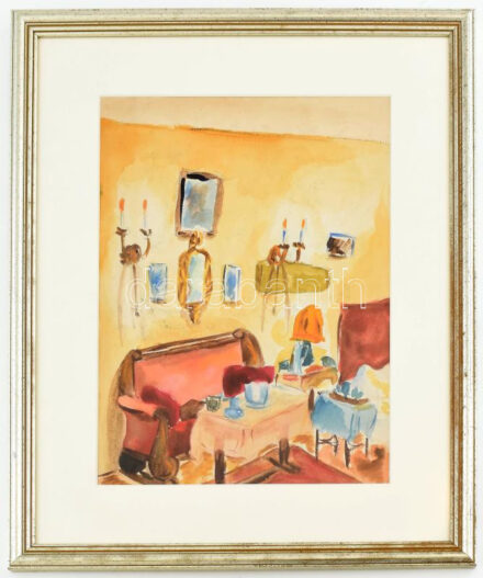 Jelzés nélkül: Enteriőr. Akvarell, papír. Üvegezett fakeretben, 32x23,5 cm