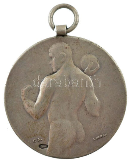 Berán Lajos (1883-1943) ~1920. jelzett Ag súlylökő díjérem füllel, 'SGA' gyártói jelzéssel (11,31g/0.800/30mm) T:2
