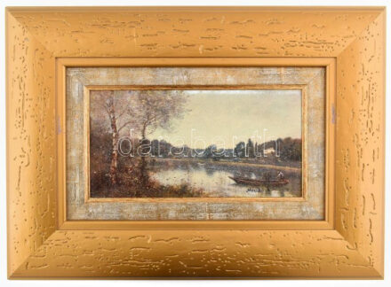 Olvashatatlan jelzéssel: Csónakázó. Olaj, vászon. Dekoratív fakeretben, 14x27 cm