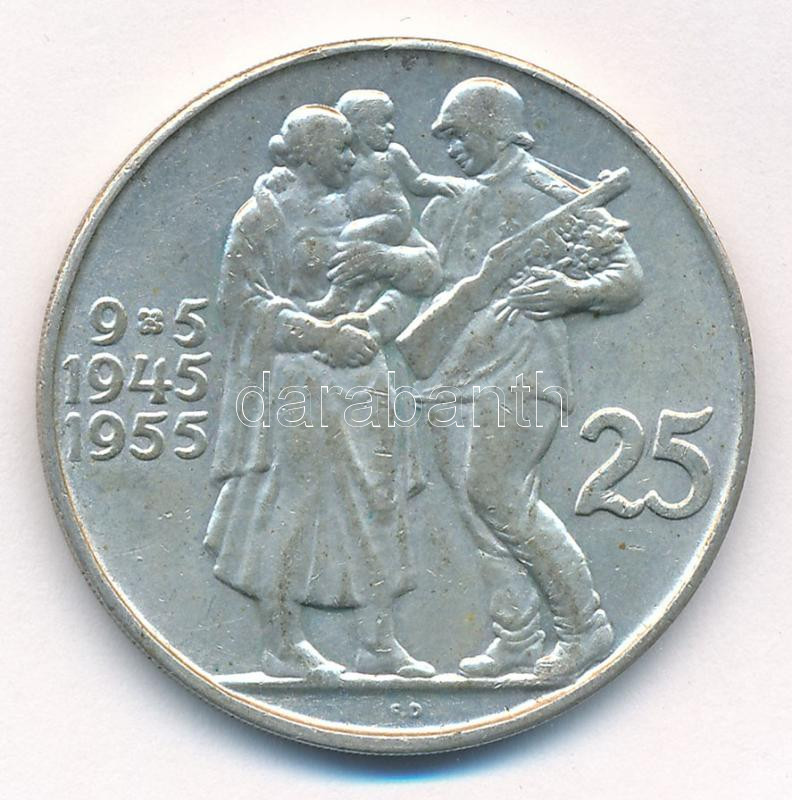Csehszlovákia 1955. 25K Ag '10. függetlenségi évforduló' T:1- Czechoslovakia 1955. 25 Korun Ag '10th Anniversary - Liberation from Germany' C:AU Krause KM#43