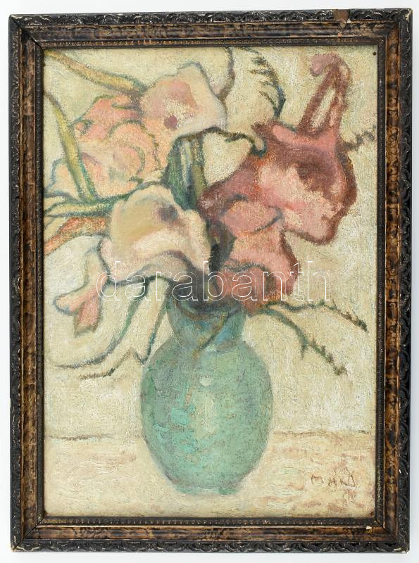 Márk jelzéssel: Csendélet. Olaj, karton. Dekoratív, sérült fakeretben. 32×22,5 cm - Image 2