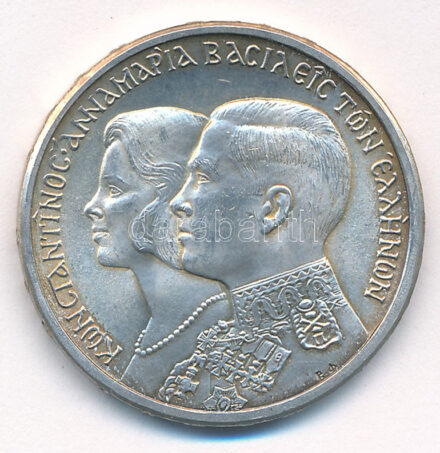 Görögország 1964. 30Dr Ag 'II. Konstantin és Anna-Mária esküvője' Berne-i verde T:1- patina Greece 1964. 30 Drachmai Ag 'Constantine and Anne-Marie wedding' Berne mint C:AU patina Krause KM#87