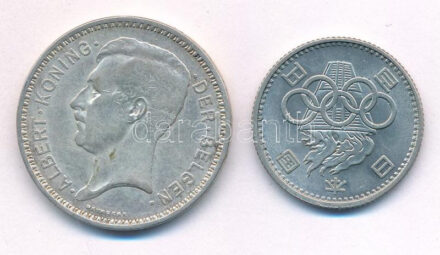 Vegyes: Belgium 1934. 20Fr Ag 'Albert' + Japán 1964. 100Y Ag 'Olimpia' T:2 Mixed: Belgium 1934. 20 Francs Ag 'Albert' + Japan 1964. 100 Yen Ag 'Olympiad' C:XF Krause KM#104.1, Y#79