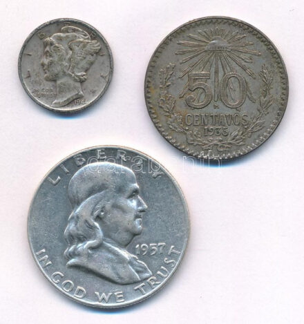Vegyes: Amerikai Egyesült Államok 1944. 1d Ag 'Mercury' + 1957. 1/2$ Ag 'Franklin' + Mexikó 1935. 50c Ag T:2-,3 Mixed: USA 1944. 1 Dime Ag 'Mercury' + 1957. 1/2 Dollar Ag 'Franklin' + Mexico 1935. 50 Centavos Ag C:VF,F