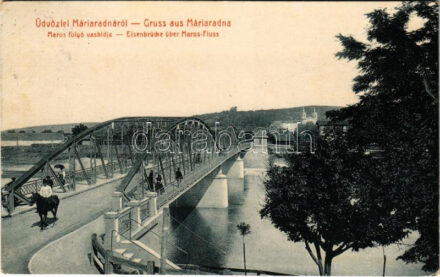 1912 Máriaradna, Radna (Lippa, Lipova); Maros folyó vashídja. Csauscher József kiadása 3018. (W.L. ?) / Eisenbrücke über Maros-Fluss / Mures river, bridge + 'VÖRÖSTORONY - BUDAPEST 255. SZ. A' vasúti mozgóposta bélyegző (EK)