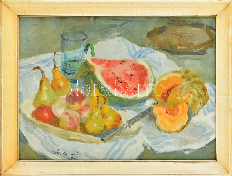 Tóth B László (1906-1982): Dinnyés csendélet 1965. Olaj, vászon, jelzett, 45×60 cm