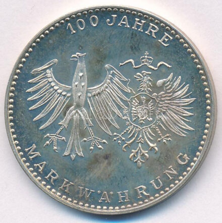 NSZK 1971. '100 éves a Márka' kétoldalas, jelzetlen Ag emlékérem (19,31g/0.800/35mm) T:1 (eredetileg PP) GFR 1971. '100th anniversary of Deutsch Mark' two-sided, unmarked Ag medallion (19,31g/0.800/35mm) C:UNC (eredetileg PP)