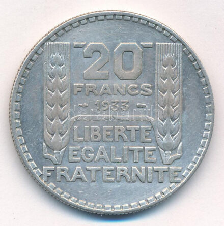 Franciaország 1933. 20Fr Ag T:1- patina, kis karc France 1933. 20 Francs Ag C:AU patina, small scratch Krause KM#879