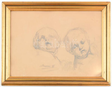 Benczúr Gyula (1844-1920): Puttófejek. Ceruza, papír. Jelzett. Dekoratív, üvegezett fakeretben. 28x37 cm.