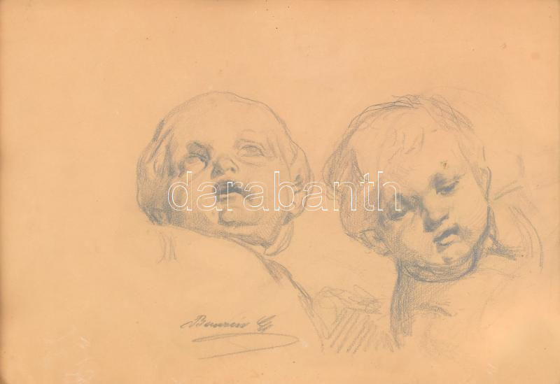 Benczúr Gyula (1844-1920): Puttófejek. Ceruza, papír. Jelzett. Dekoratív, üvegezett fakeretben. 28x37 cm. - Image 2