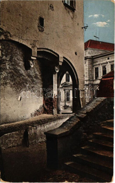 1917 Nagyszeben, Hermannstadt, Sibiu; Pempflingergasse, Rathaus, Evang. Knabenvolksschule / Pempflinger utca, Városháza, Evangélikus fiúiskola / street view, town hall, Lutheran school (kis szakadás / small tear)