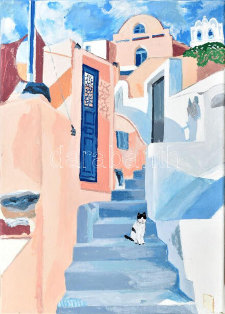Jelzés nélkül: Mediterrán lépcső.. Akril, vászon, 55x40 cm