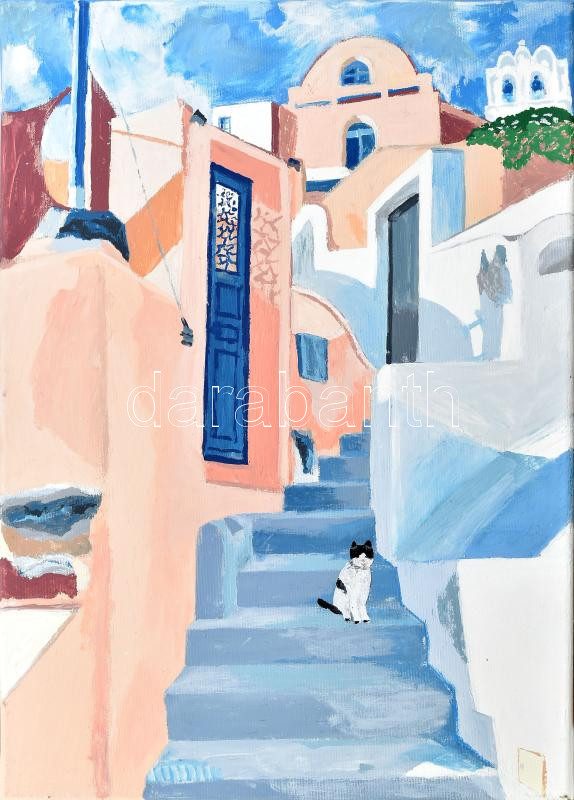 Jelzés nélkül: Mediterrán lépcső.. Akril, vászon, 55x40 cm