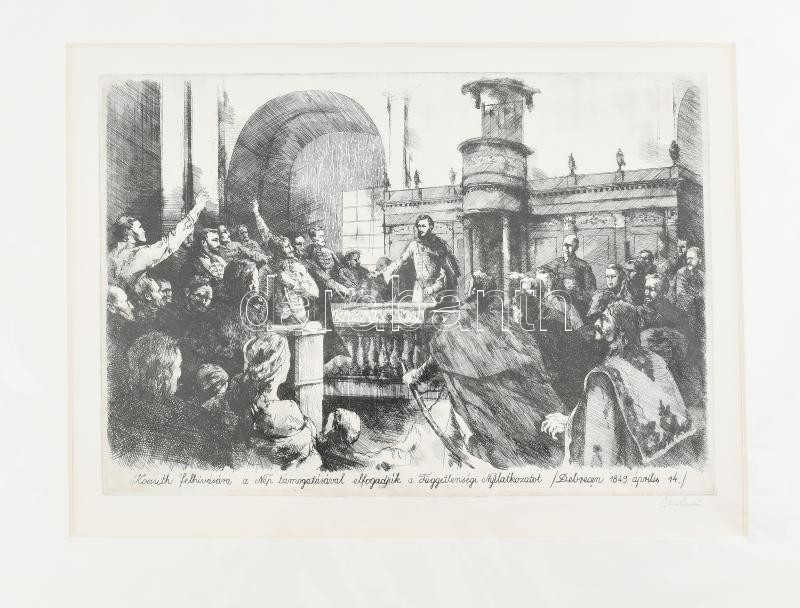 Gy. Molnár István (1933-2010): Kossuth felhívására a Nép támogatásával elfogadják a Függetlenségi Nyilatkozatot (Debrecen, 1849. ápr. 14.). Rézkarc, papír, jelzett. Paszpartuban.20x29 cm