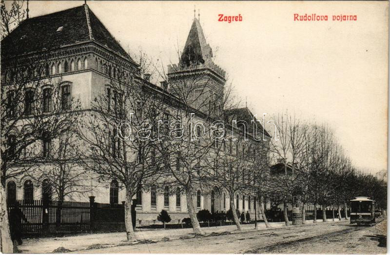 Zagreb, Zágráb; Rudolfova vojarna / K.u.K. military barracks, street view, tram