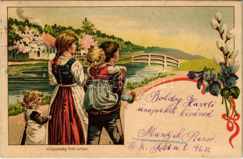 1907 Húsvéti üdvözlet. Világosság felé tartandó lap / Easter greeting art postcard. hold to light litho (EK)