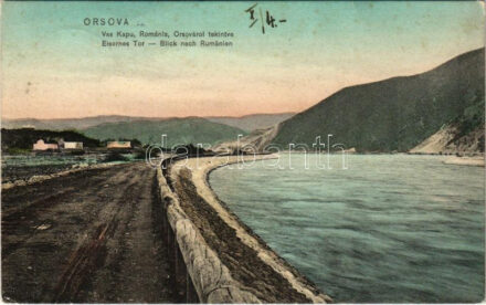 1910 Orsova, Vaskapu-szoros, Románia felé tekintve / Eisernes Tor. Blick nach Rumänien / Portile de Fier / gorge, canal (EK)