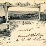 1900 Zwönitz, Totalansicht, Kirche, Kriegerdenkmal, Bahnhof / general view, church, war monument, railway station. Verlag Daniel Weissgärber Art Nouveau, floral (small tear)