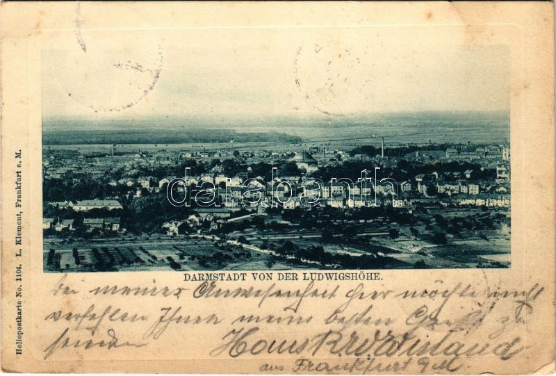 1899 (Vorläufer) Darmstadt, von der Ludwigshöhe. Heliopostkarte No. 1104. L. Klement (EB)