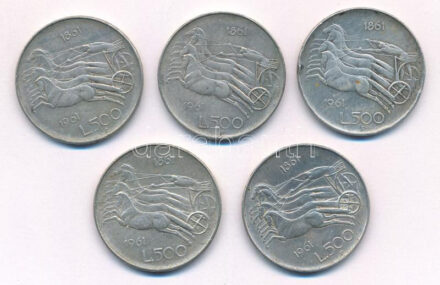 Olaszország 1961. 500L Ag 'Olasz egység századfordulója' (5x) T:2,2- patina, ph. Italy 1961. 500 Lire Ag 'Italian Unification Centennial' (5x) C:XF,VF patina, edge error Krause KM#99
