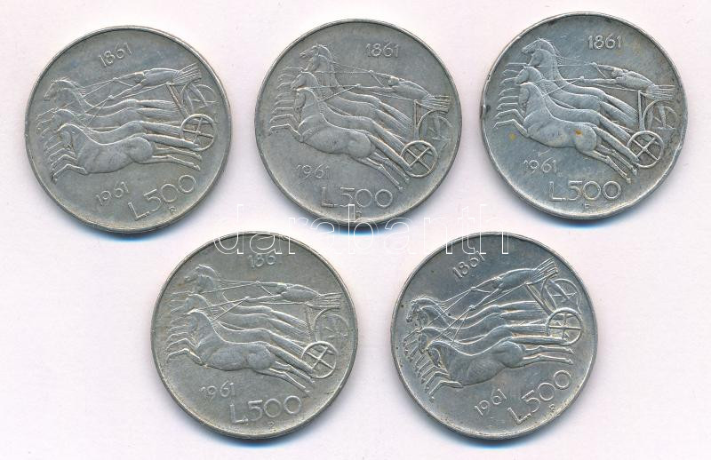 Olaszország 1961. 500L Ag 'Olasz egység századfordulója' (5x) T:2,2- patina, ph. Italy 1961. 500 Lire Ag 'Italian Unification Centennial' (5x) C:XF,VF patina, edge error Krause KM#99