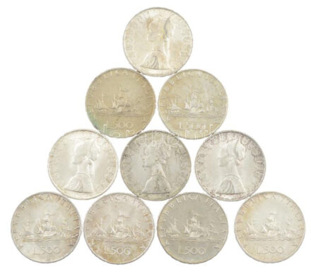 Olaszország 1966R 500L Ag 'Kolumbusz hajói' (10x) T:2 patina Italy 1966R 500 Lire Ag 'Columbus' Ships' (10x) C:XF patina Krause KM#98