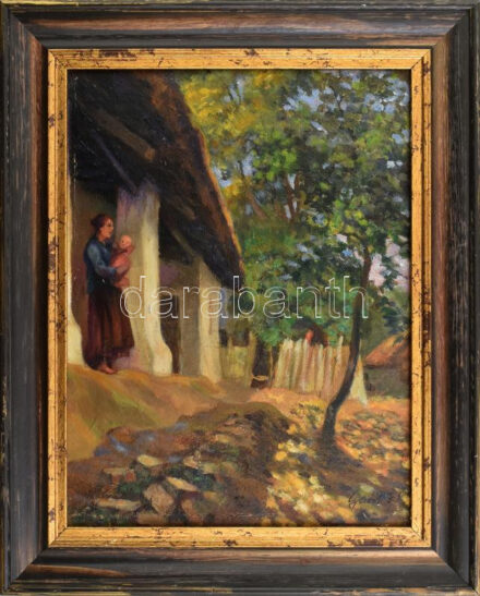 Gaál Ferenc (1891-1956): Anya gyermekével. Olaj, karton, festék hibákkal, jelzett, sérült keretben, 31×24 cm