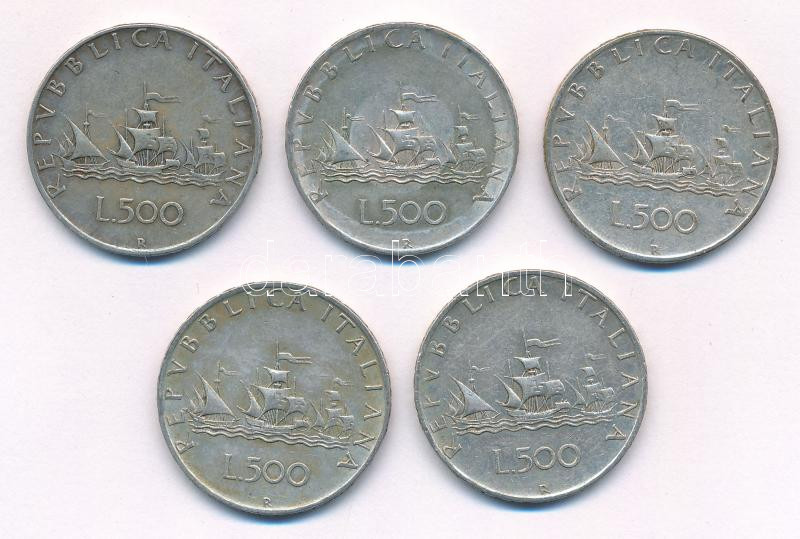 Olaszország 1959R 500L Ag 'Kolumbusz hajói' (5x) T:2,2- patina Italy 1959R 500 Lire Ag 'Columbus' ships' (5x) C:XF,VF patina Krause KM#98