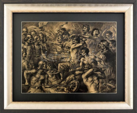 Szabó Vladimír (1905-1991): Harcosok 1956. Szén, papír, üvegezett keretben. Jelzett, 30x39,5 cm
