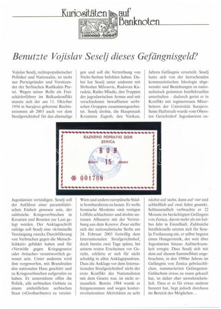 Bosznia-Hercegovina / Boszniai Háború 1992-1995. 15D (börtönpénz) német leírással T:1- Bosnia-Hercegovina / Bosnian War 1992-1995. 15 Dinar (prison money) with german description T:AU