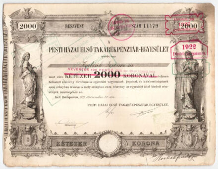 1917. Pesti Hazai Első Takarékpénztár Egyesület névre szóló részvénye 2000K-ról, felülbélyegezve 100P-re, vízjeles papíron, szárazpecséttel, bélyegzésekkel és szelvényekkel T:III fo.
