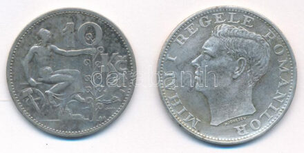 Csehszlovákia 1932. 10K Ag + Románia 1944. 500L Ag 'I. Mihály' T:2,2- patina Czechoslovakia 1932. 10 Korun Ag + Romania 1944. 500 Lei Ag 'Mihai I' C:XF,VF patina Krause KM#15,65