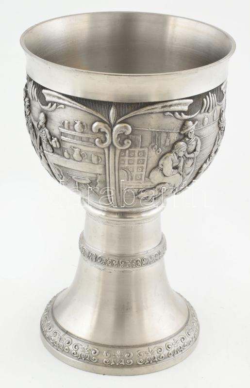 Díszes német ón pohár, jelzett, / German tin glass m: 13,5 cm