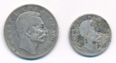 Szerbia 1912. 1D Ag 'I. Péter' + 1915. 50p Ag 'I. Péter' T:2-3 patina, lapka hiba Serbia 1912. 1 Dinar Ag 'Petar I' + 1915. 50 Para Ag 'Petar I' C:XF-F patina, planchet error