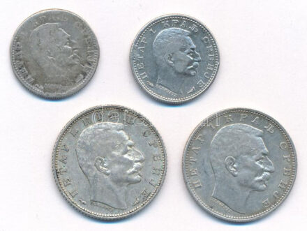 Szerbia 1912. 1D Ag 'I. Péter' + 1915. 50p Ag 'I. Péter' (2x) + 1D Ag 'I. Péter' T:2-3 patina, az egyiken kis ü. Serbia 1912. 1 Dinar Ag 'Petar I' + 1915. 50 Para Ag 'Petar I' (2x) + 1 Dinar Ag 'Petar I' C:XF-F patina, small ding on one