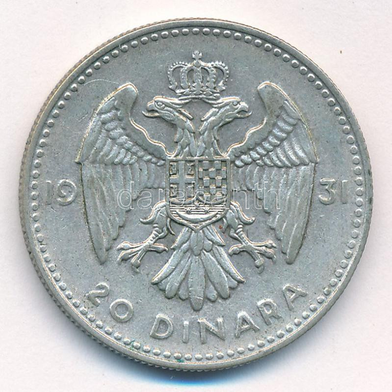Jugoszlávia 1931. 20D Ag 'I. Sándor' T:2,2- patina Yugoslavia 1931. 20 Dinara Ag 'Alexander I' C:XF,VF patina Krause KM#11 - Image 2