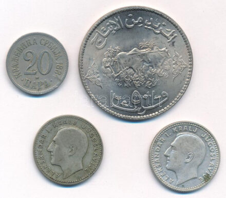 Szerbia 1884. 20p Cu-Ni + Jugoszlávia 1931. 10D Ag 'I. Sándor' (2x) + Szudán 1972. 50q Cu-Ni 'A május 25-ei forradalom 3. évfordulója' T:2-3 patina Serbia 1884. 20 Para Cu-Ni + Yugoslavia 1931. 10 Dinara Ag 'Alexander I' (2x) + Sudan 1972.