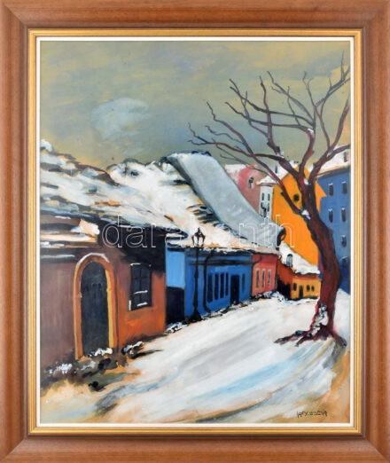 Nagy Oszkár jelzéssel: Házak. Vegyes technika, papír, dekoratív üvegezett fakeretben, 80x65cm