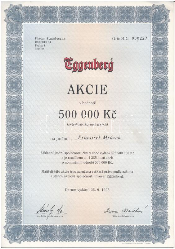 1995 Eggenberg cseh sörgyár részvénye 500 000 K. T: 2-
