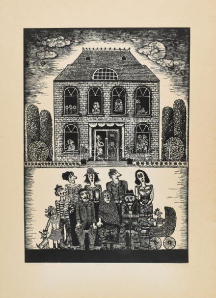 Molnár Gabriella (1940-): Család. Linómetszet, papír. Jelzett. Számozott: 24/50. Lapszéli sérülésekkel. 50x35 cm