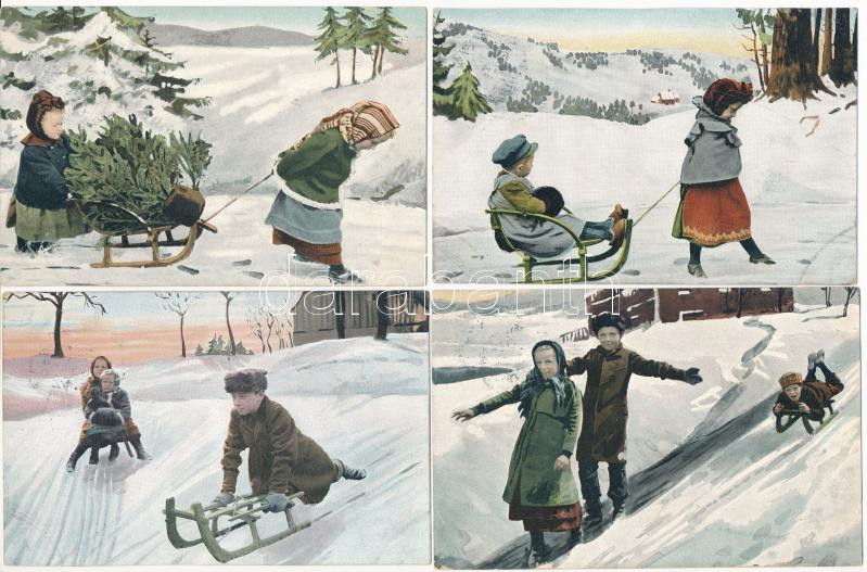 4 db RÉGI hosszú címzéses téli sport motívum képeslap: szánkózók / 4 pre-1905 winter sport motive postcards: sledding
