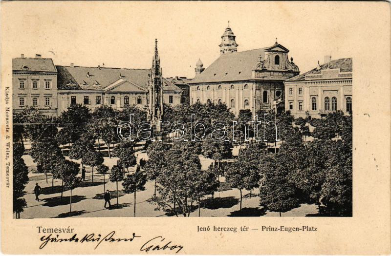 1904 Temesvár, Timisoara; Jenő herceg tér, emlékmű, piac. Morawetz & Weisz kiadása / square, monument, market + 'ORSOVA - BUDAPEST 76. SZ.' vasúti mozgóposta bélyegző