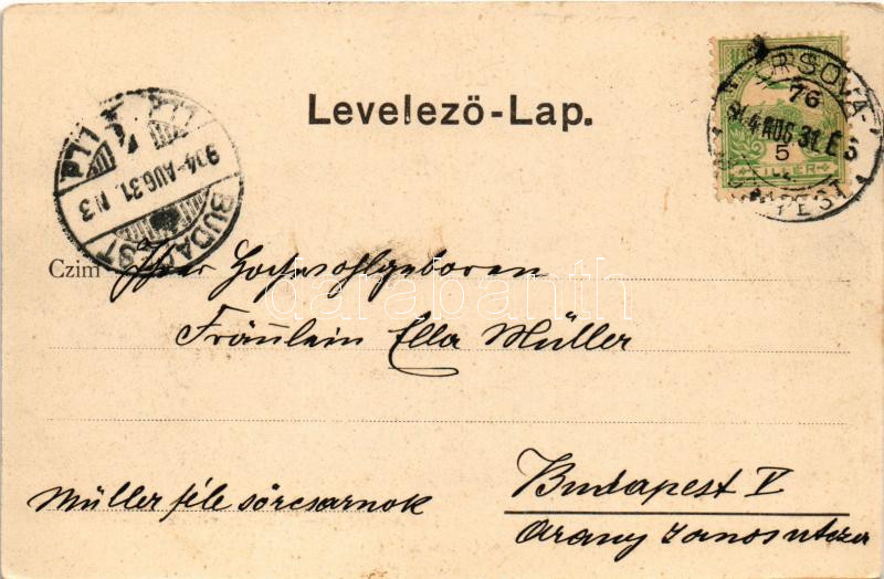 1904 Temesvár, Timisoara; Jenő herceg tér, emlékmű, piac. Morawetz & Weisz kiadása / square, monument, market + 'ORSOVA - BUDAPEST 76. SZ.' vasúti mozgóposta bélyegző - Image 2