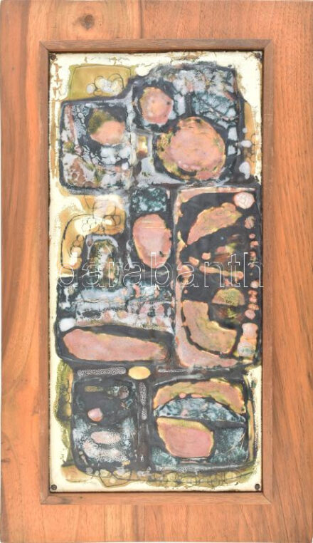 Rácz Gábor (1951-): Arany. Tűzzománc, fémlap, jelzett, hátoldalán Iparművészeti Vállalat címkéjével, 30×14 cm