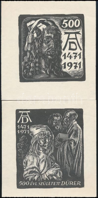 Jelzés nélkül: 500 éve született Albrecht Dürer, 2 db ex libris, fametszet, papír, 15×14,5 cm