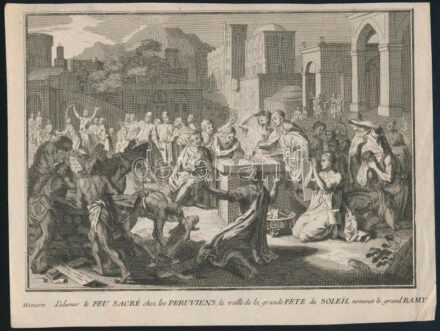 Picart, Bernard (1673-1733): Maniere d'alumer le Feu Sacre, chez les Peruviens, la veille de la grande Fete du Soleil, nommeé le grand Ramy. Rézmetszet, papír. Jelzés nélkül. Körbevágva. 14,5×20 cm
