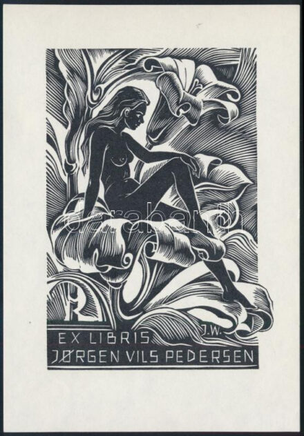 J. Weisler: Ex libris Jorgen Wils Pedersen, fametszet, papír, jelzett, 14,5×10 cm